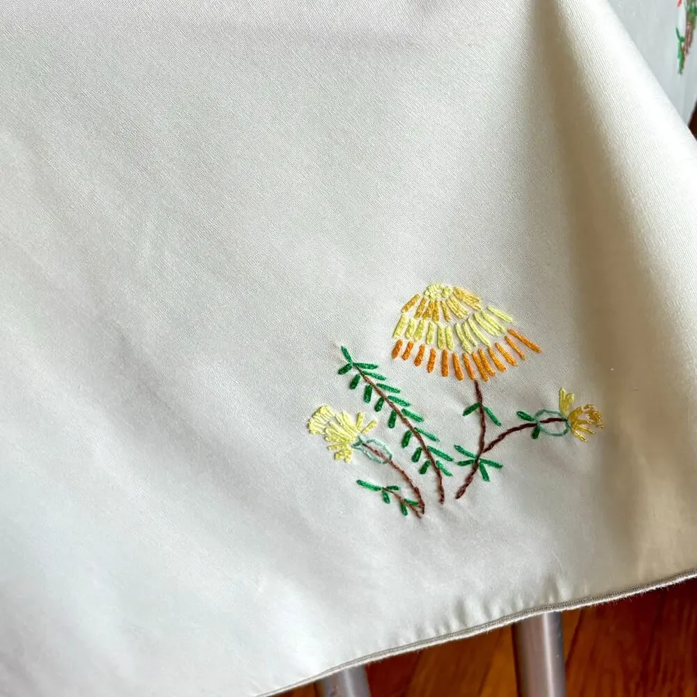 Vintage Embroidered Round Tablecloth, Beige Floral Cotton Blend 58”